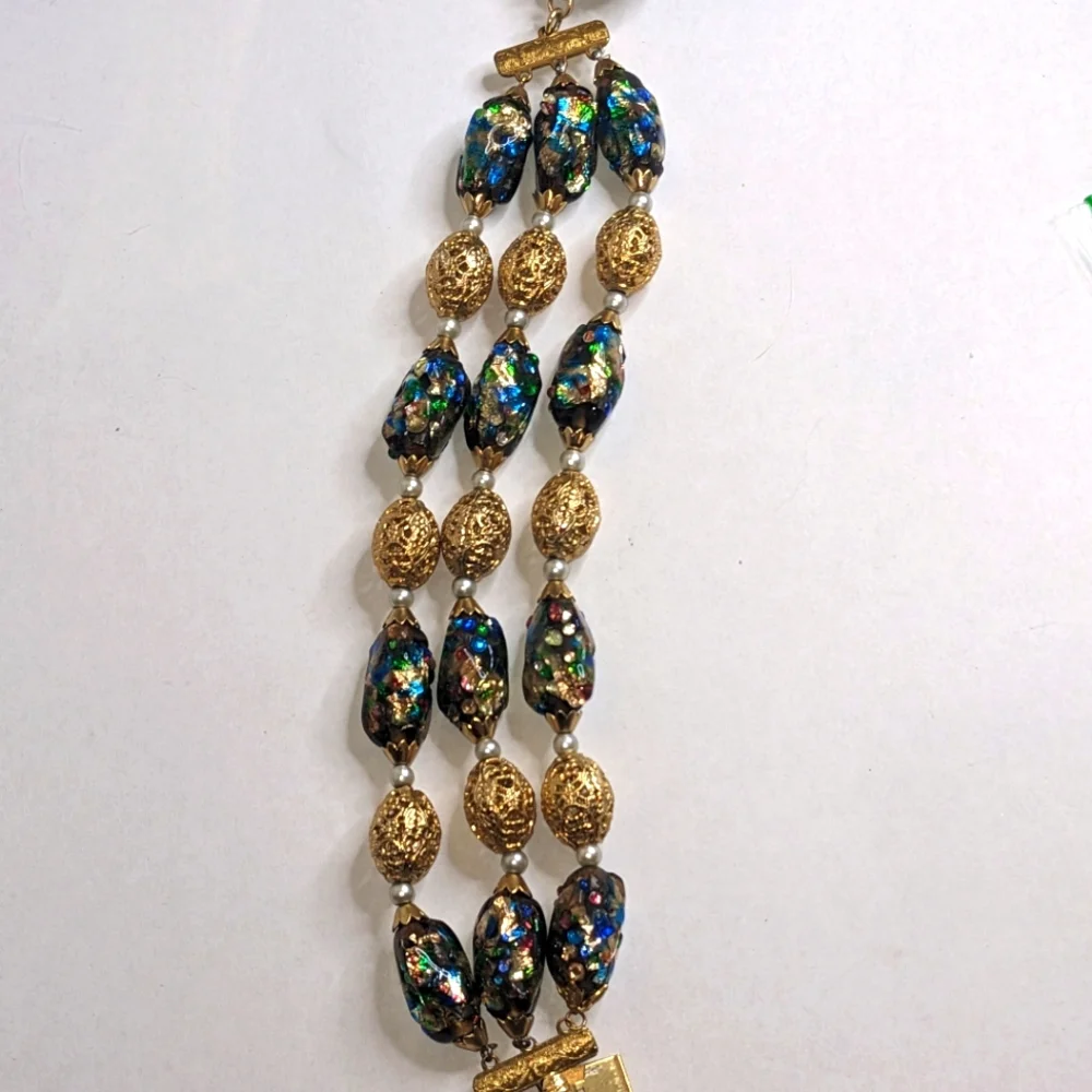 Vintage Napier Signed‎ Beaded Bracelet – Foil Glass & Filigree Beads RARE